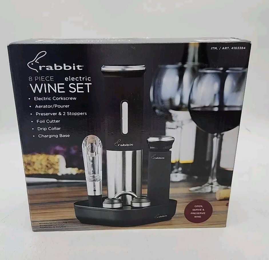 Upgrade Your Wine Experience with the Rabbit Electric Wine Opener 8-Piece Set – Includes Foil Cutter, Aerator, Stoppers & More – Brand New!