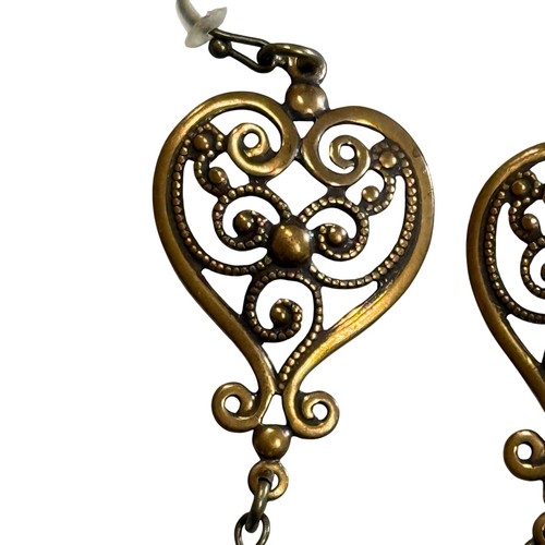 Vintage Heart Dangle Earrings Amber Cat Charm Gold Bronze Tone Bohemian Jewelry - Picture 2 of 5