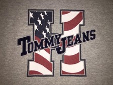 Vintage TOMMY JEANS Hilfiger Heather Gray T-Shirt BIG H Logo USA American Flag L