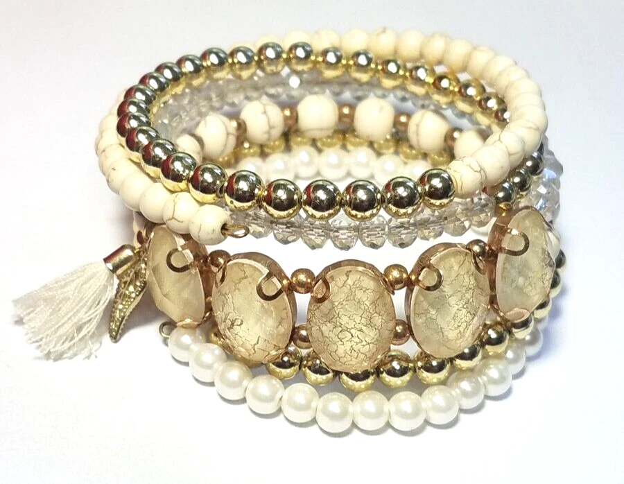 Vtg 5 Memory Wire Coil Gold Tone Bead Tassel Bracelet Layered Design Boho Chic Foto 4 de 4