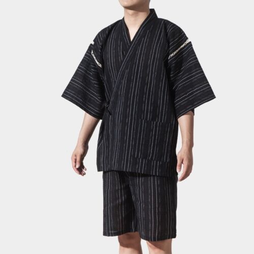 Mens Japanese Pyjama Sets Yukata Jinbei Traditional Kimono Nightwear Stripe - Picture 1 of 14