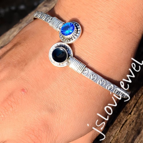 Black Onyx & Tanzanite Gemstone 925 Sterling Silver Cuff Bangle For Best Friend - Picture 2 of 5