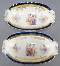 Pair of Royal Vienna Style Classical Women With Aulos Pipe Cobalt Relish Dishes