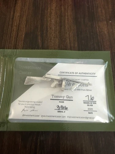 Tommy Gun .999 Silver Miniature Investment Caster 7.6 Grams Hand Poured w/ COA