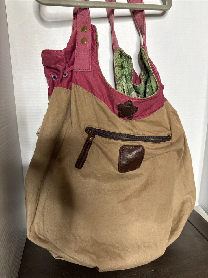 Bolso de Mano Grande Boho Lucky Brand Lona Verde Naranja Corazones Flores Foto 3 de 4