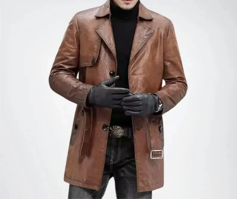 Handmade Genuine Leather Mid Length Coat for Men Genuine Leather Overcoat