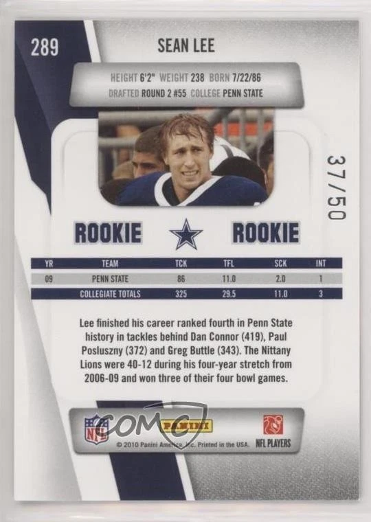 2010 Playoff Prestige Rookie Xtra Points Purple /50 Sean Lee #289 Rookie RC - Image 2 of 2