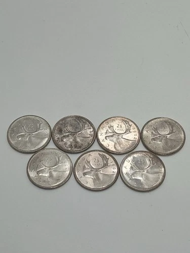 1964 Canadian Silver Quarters Lot of 7 – 80% Silver 25 Cent Caribou Coins