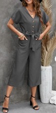 Button Front Belted Cropped Jumpsuit with Pockets L  4