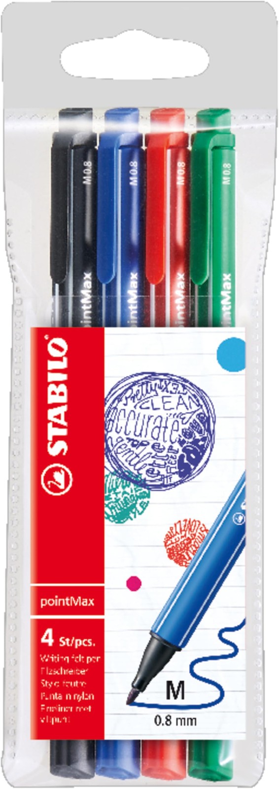 STABILO Fineliner pointMax, Pack of 4 - Black, Ultramarine, 