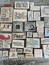 Lot of 47 Christmas Rubber  Wood Mount Stamps  Holiday, Nativity, Santa, Words