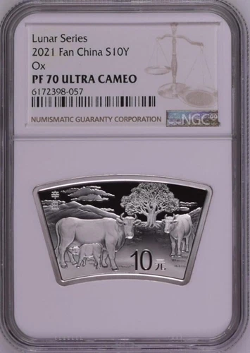 NGC PF70 2021 China Lunar Series Ox 30g Silver Fan Shaped Coin with COA