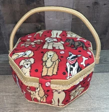 vintage dog octagon Shaped Wicker Lined Pocketed Organizer sewing basket