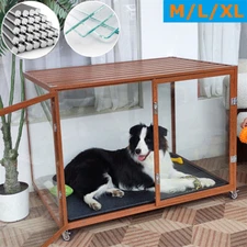 Ultra Thicken Glass Dog Cage Kennel Clear Dog End Table Crate w/ Wheels and Tray