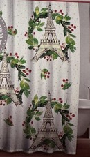 NEW Simply Lux Living Eiffel Tower Christmas Fabric Shower Curtain with Hooks