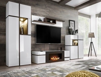 ASM Parete attrezzata soggiorno CROSS PEW con camino bioetanolo lucido led push click