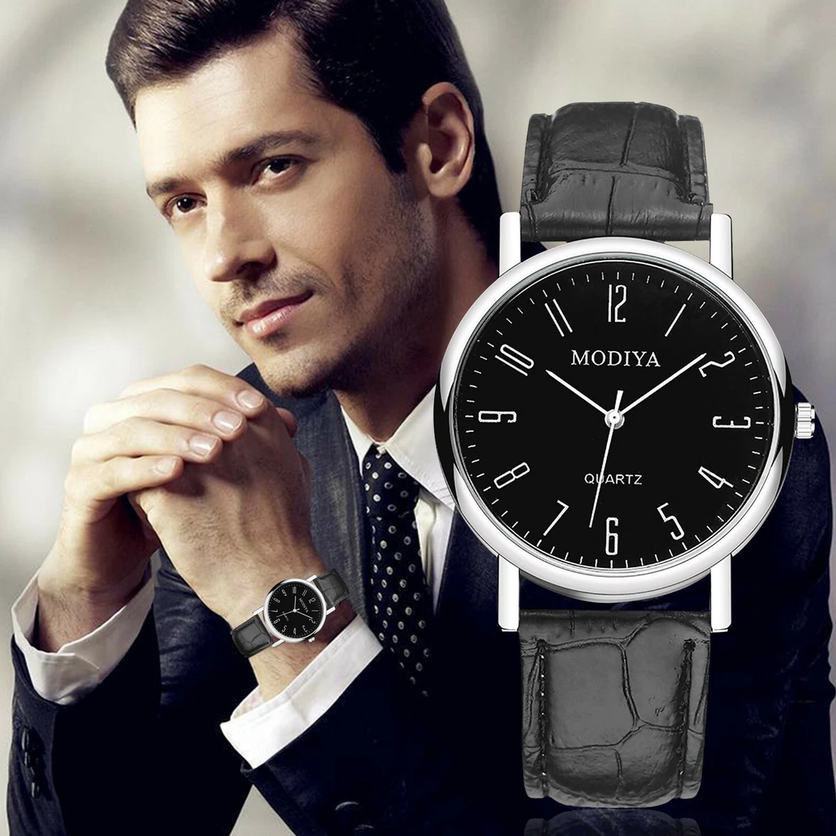 Black leather strap watch for men online