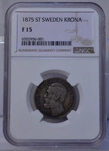 1875 ST SWEDEN 1 KRONA NGC F15 SILVER COIN