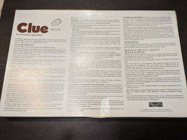 Vintage Parker Brothers 1979 Clue Game - Rules Insert Only
