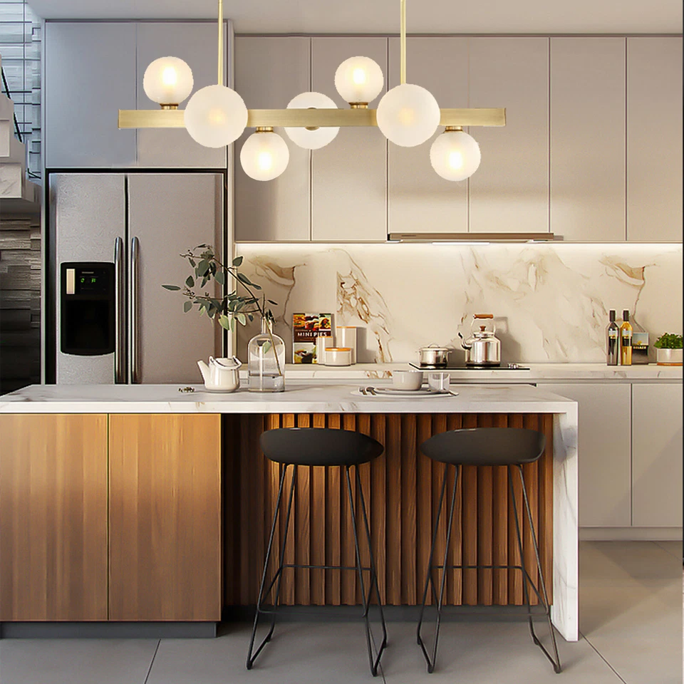 Lámpara colgante moderna de techo de bola de vidrio con araña lineal de 7 luces Foto 2 de 4