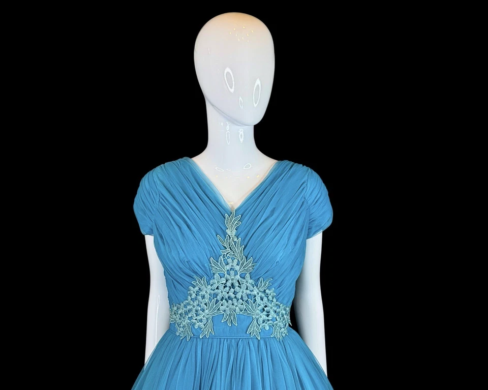 VESTIDO VINTAGE AÑOS 50 PAVO REAL GASA AZUL FALDA COMPLETA FIESTA GRADUACIÓN FIESTA GRADUACIÓN / XS S Foto 2 de 4