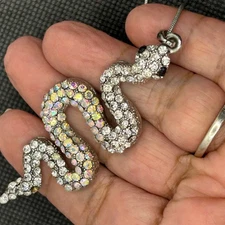 Snake Pendant Necklace Sparkling Rhinestones Silver Serpent Statement Jewelry