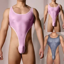 Confident and Sexy Men's Shiny Bodysuit with a Backless Thong Leotard Design