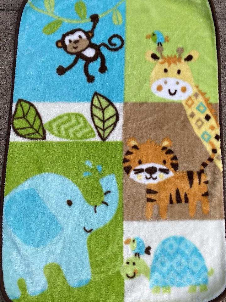 Manta bebé Garanimals azul verde tigre mono jirafa elefante pájaro 30x44 Foto 3 de 4