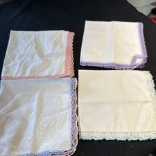 Vintage Madeira Handkerchiefs Lot of 4 Crochet Tatted Edge Hankies Linen