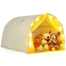 Kids Bed Tent with Glowing Stars Net Curtains String Lights Play Canopy Beige