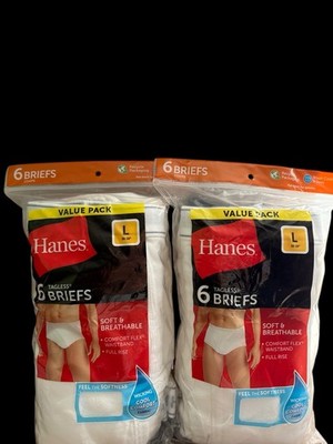 Hanes Tagless Briefs Value Pack of 6 Pair White Underwear x 2 Pkgs Men's Size L
