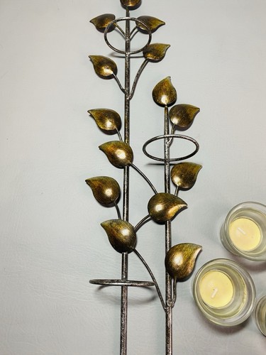 Metal Wall Sconce Leaf Pattern Tealight/Votive Candle Wall Decor w/6 Candles - Picture 2 of 11
