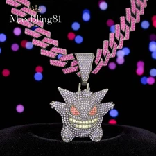 Hip Hop Purple CZ Gengar Iced Pendant & 15mm 20" Cuban Chain Bling Necklace