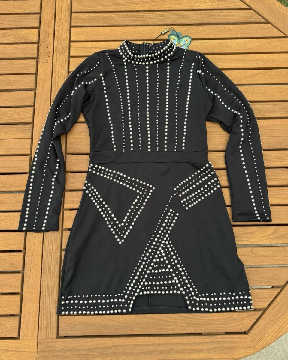 bebe black studded dress New Bebe Studded Corset Mini T Black Dress Goth Punk Rock anime $169 XS Sexy