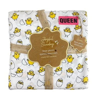NEW Joyful Sunday Easter Chicks QUEEN 4Pc Sheet Set White w/Yellow Chicks & Eggs