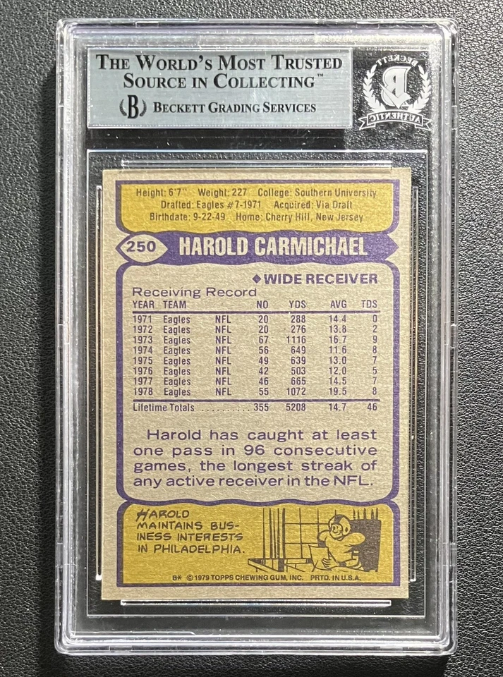 1979 Topps #250 Harold Carmichael Signed Authentic Autograph Beckett Eagles HOF - Image 2 of 2