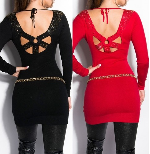 Abito elegante donna corto a manica lunga sexy scollato e schiena nuda  elastico | eBay