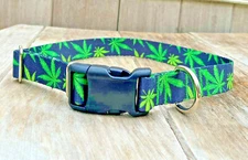 1 inch Black and Green Weed Leaf 420 Adjustable Dog Collar Quick Release Buckle 