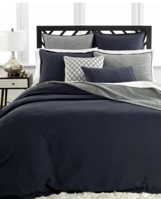 Hotel Collection Linen KING Comforter Cover+ Two Standard Shams Navy Blue. - Image 1 of 4