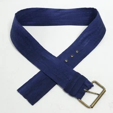 Fabric Waist Belt Women Navy Blue Silvertone Roll Bar Buckle Wide Grommets Adj