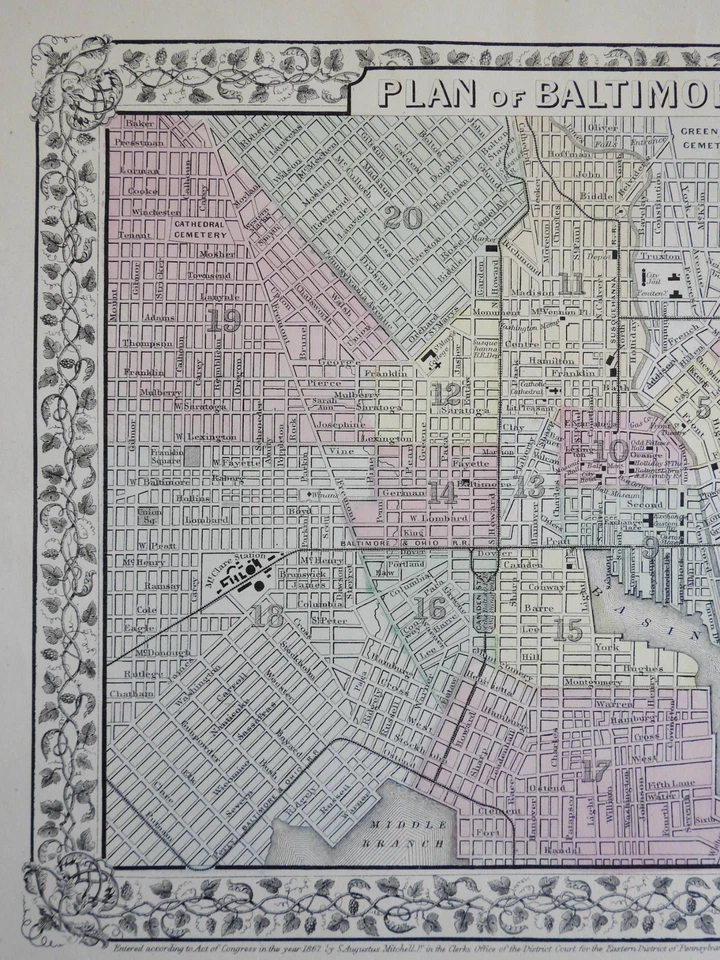 Baltimore Maryland detailed city plan Patapsco River c. 1867-9 Mitchell map - Image 2 of 3