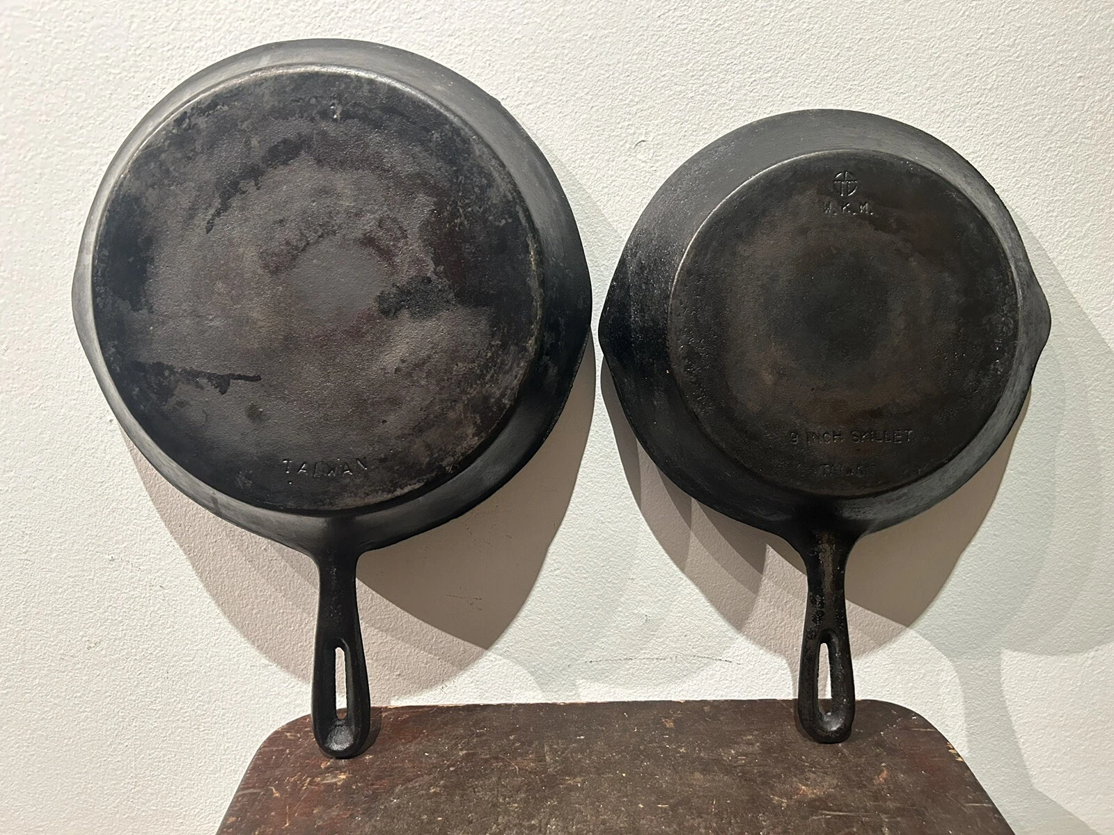 Vintage Pair of Cast Iron Frying Pan Skillets #1 and 9 Inch VKM Made in Taiwan