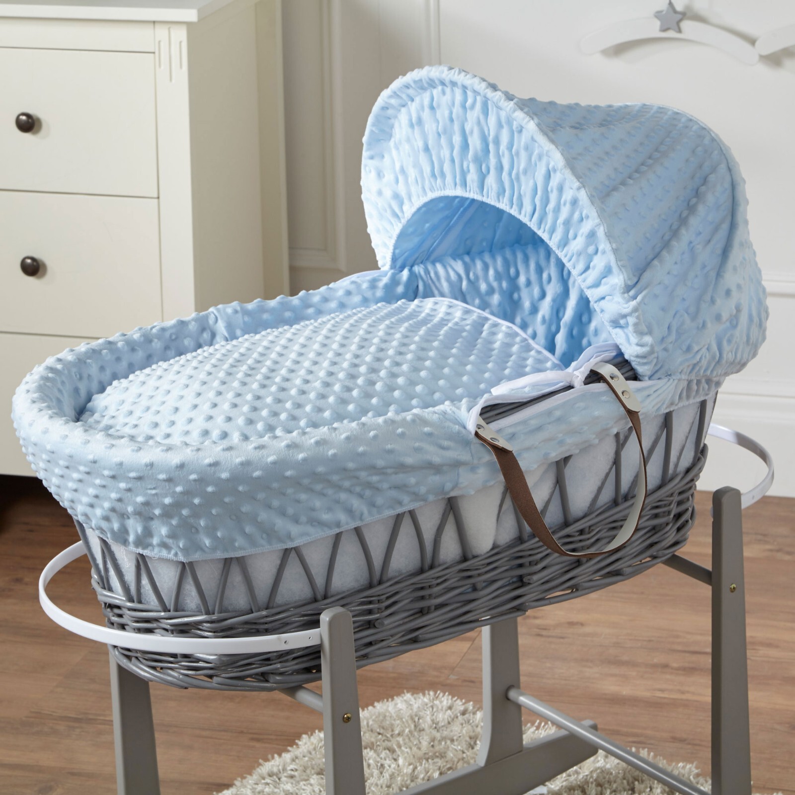 Baby Moses Basket - Blue Dimple / Grey Wicker | Bedding And Mattress