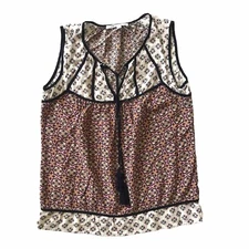 DR2 Tank Top Buckle XS Boho Flowy Tassels Artsy Cream Blue Sleeveless V Neck EUC