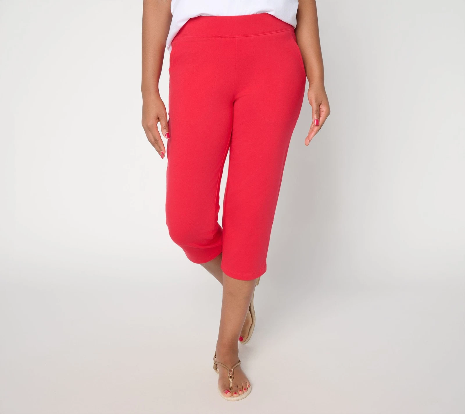Denim & Co. Petite Duo Stretch Capri Pants with Pockets Cardinal S New