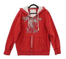 American Eagle Zip Up Hoodie XL Sweatshirt Red Applique Distressed Y2K