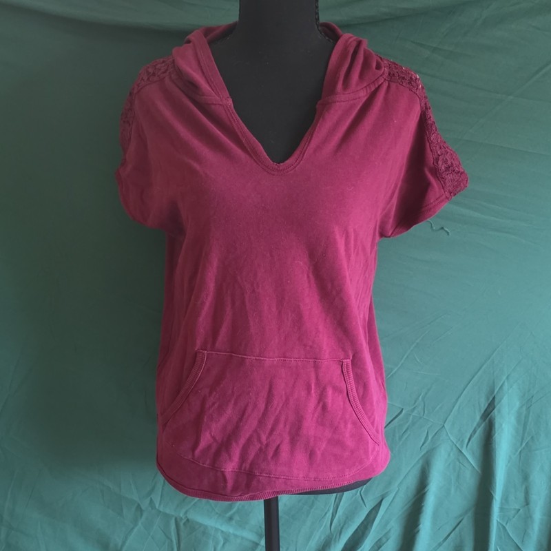 Aerie Women’s Pink Pullover Hoodie V-Neck Hooded Lace Accents Short Sleeve L/G