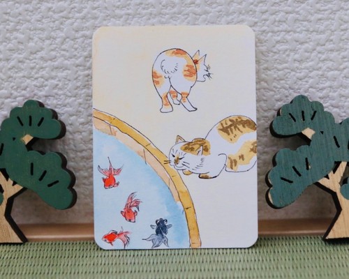 ACEO Original Watercolor & Ink - Cat Goldfish Ukiyo-e Art Hiroshige Inspired