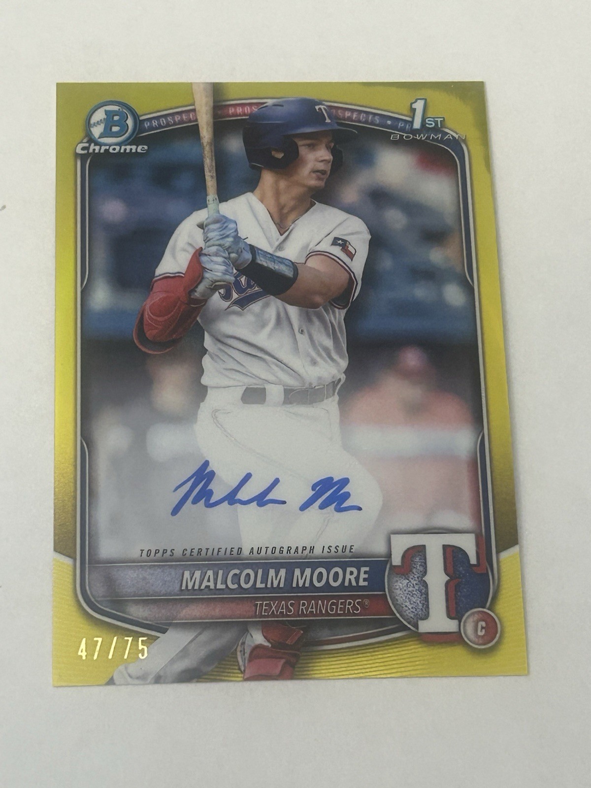 2025 1st Bowman Chrome Malcolm Moore Auto Yellow Refractor /75 Rangers SHIPSFREE