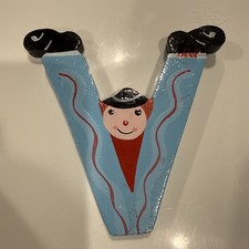 Vtg Sevi Clown Child Kids Alphabet Wooden Letter V Personalized Decor Blue